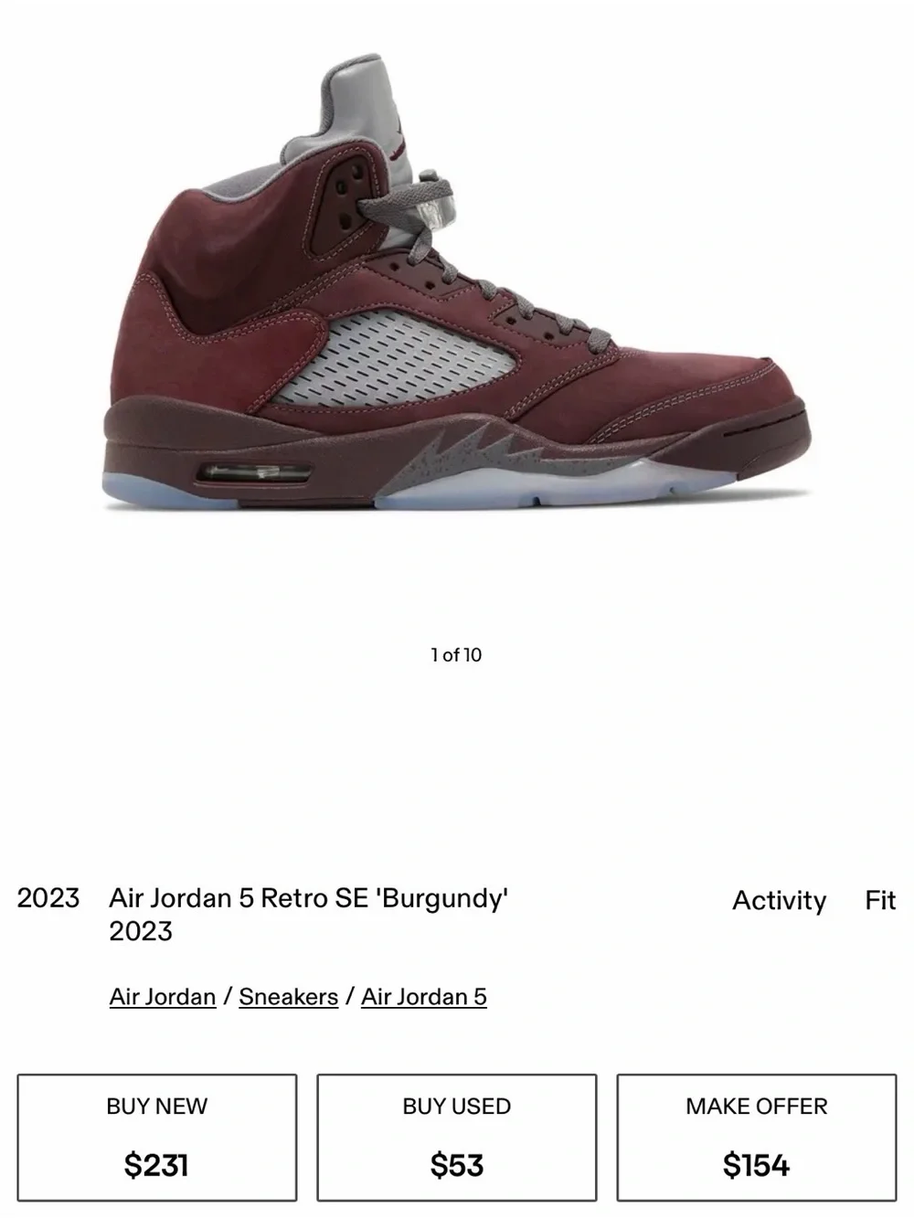 Air Jordan 5 Retro SE Burgundy Sneaker size 12